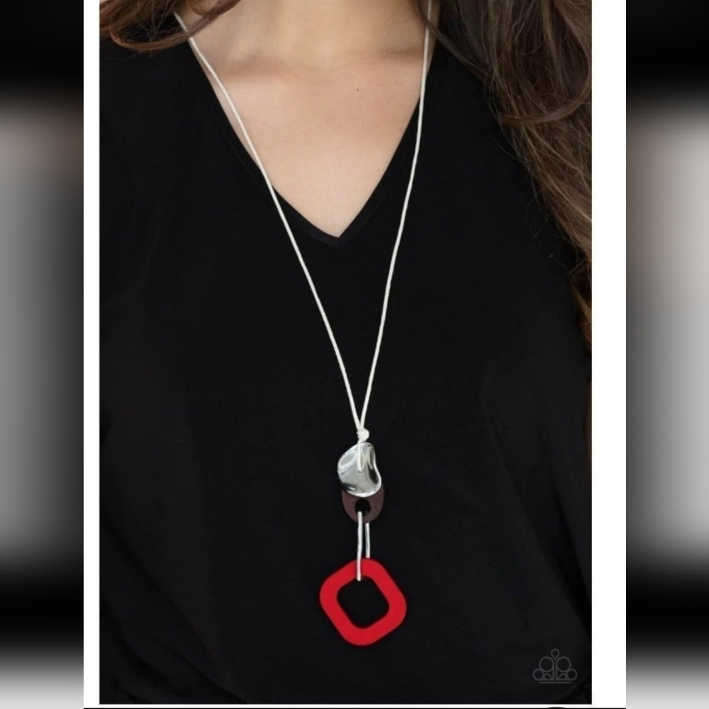 Paparazzi Red and Silver Modern Necklace Set Top Of The WOOD Chain Red Wooden - Picture 7 of 8
